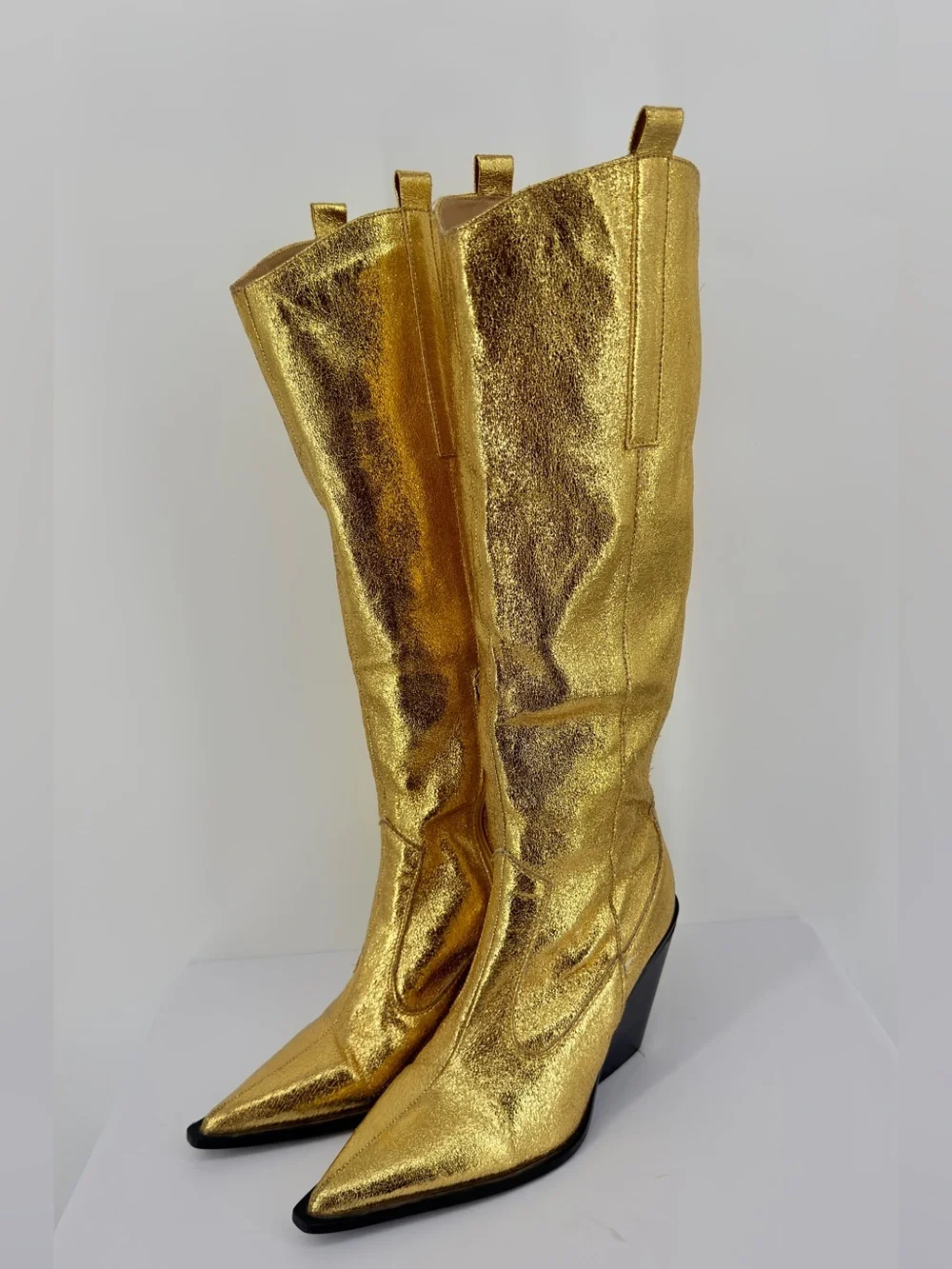 Gold Metallic Knee High Western Cowboy Boots Size 7 Pointed Toe